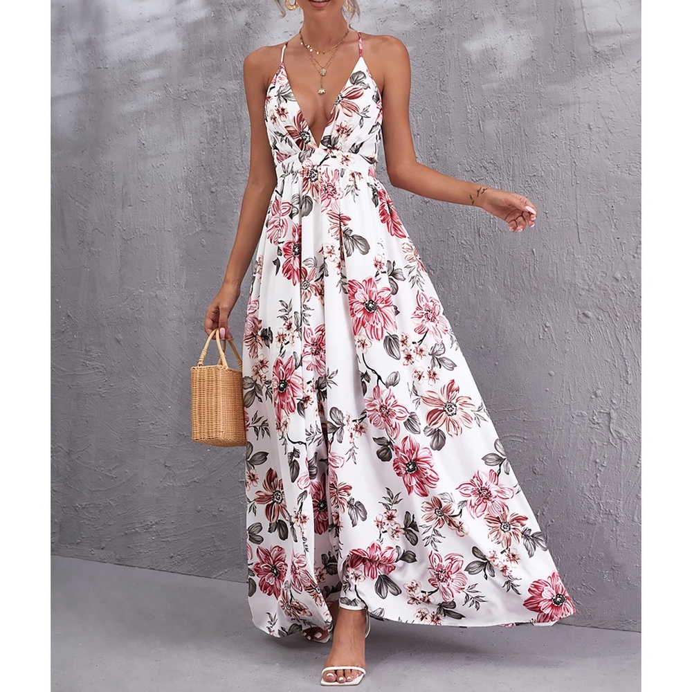 White Floral Deep V Criss Cross Back Flowy Cami Maxi Dress